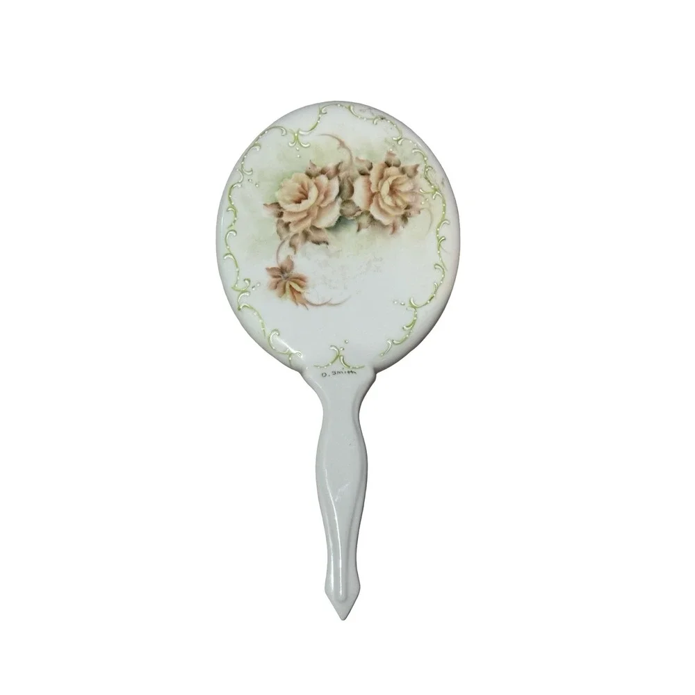 Vintage D. Smith Signed Hand Painted‎ Ceramic Rose Floral Vanity Mirror White